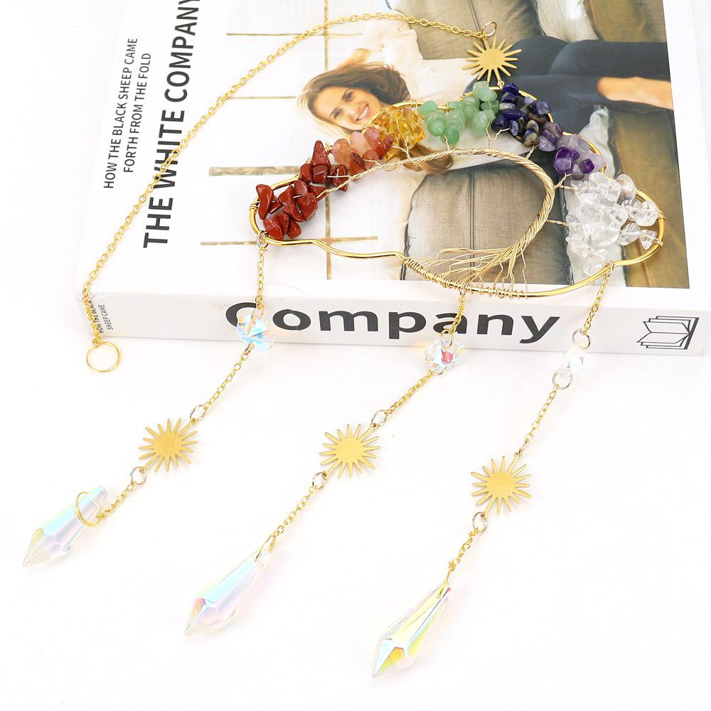 zensoullab Handmade Wire Wrapped Natural Crystal Crushed Stone Clouds Clouds Life Tree Sun Catcher Hanging Ornament Wind Chime Decoration T27
