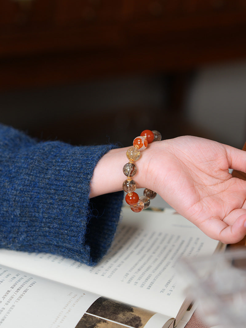 zensoullab Natural Black Gold Super Seven Crystal Bracelet for Women Red Glue Flower Gold Rutilated Quartz Full Flesh Southern Red Multi-Gemstone Bracelet