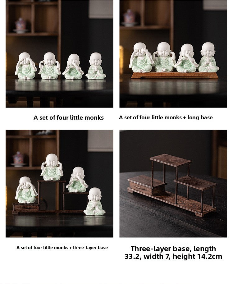 zensoullab Chinese Zen Style Four Little Monks Figurines Ceramic Characters Buddhist Home Living Room Curio Cabinet Decorations Micro Landscape