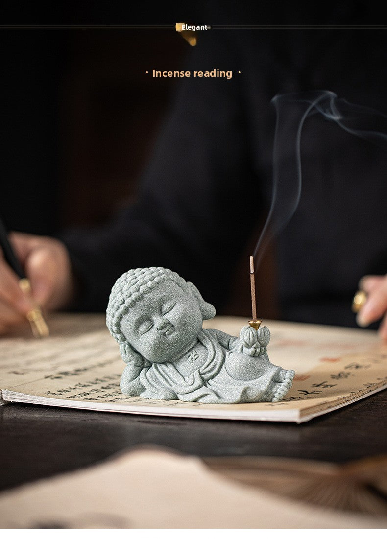 Zensoullab Green Sand Creative Cute Line Incense Burner Tea Ornaments Creative Sleeping Buddha Lotus Incense Stick Green Sand Stone Decoration Home Desktop Decoration
