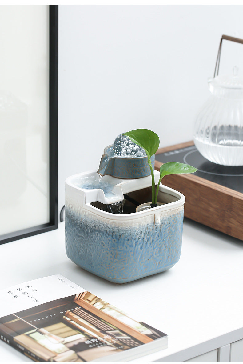 zensoullab Square Pool Desktop Ceramic Flowing Water Ornament Wealth Feng Shui Wheel Fountain Modern Tea Table Tea Desk Circulating Fortune Ball Water Feature
