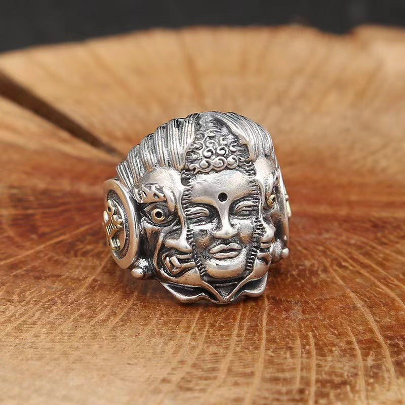 Zensoullab Men's Domineering Buddha Magic a Flash of Thought Buddha Magic Open Ring Vintage Thai Silver Niche Punk Ring