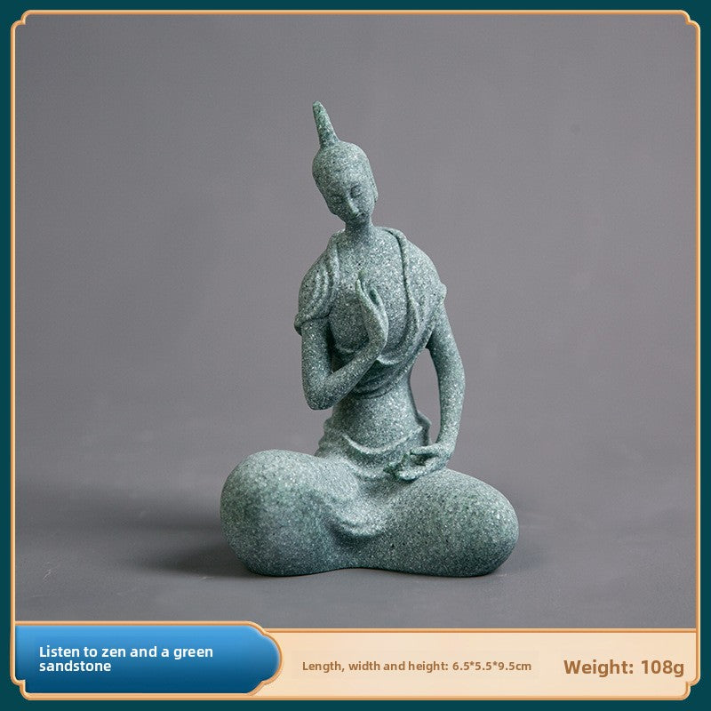 zensoullab Green Sandstone Northern Wei Dynasty Three Saints Buddha Statue Zen Carving Craftwork Tathagata Buddha Shakyamuni Desktop Tea Ceremony Ornament