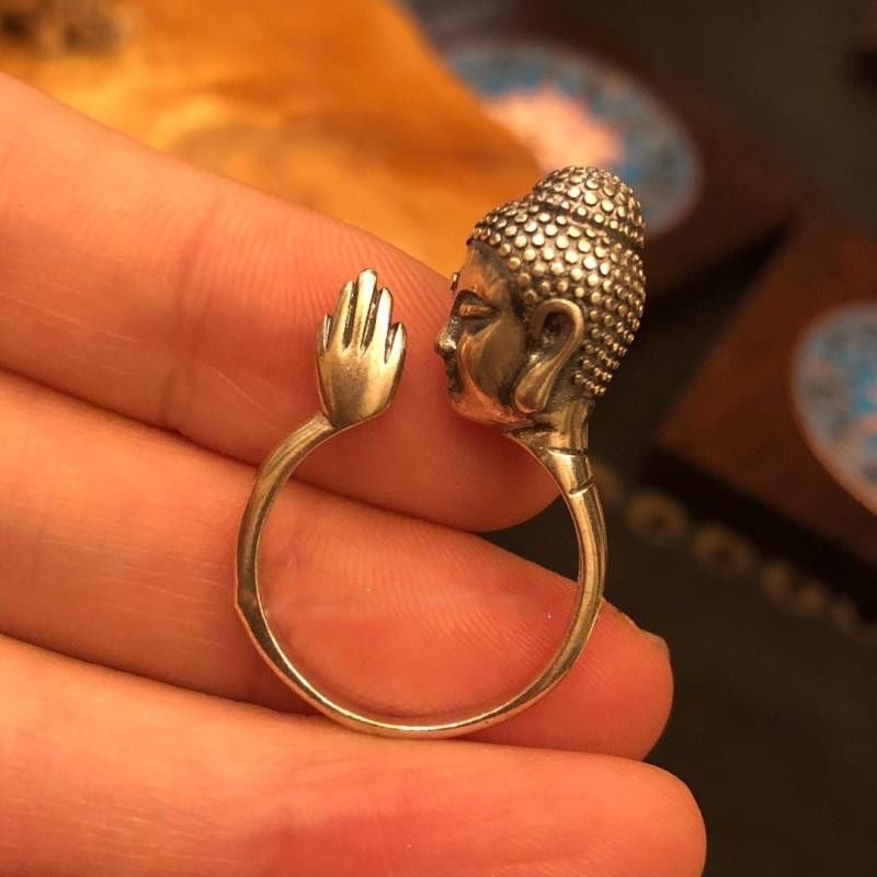 zensoullab Thailand Shakyamuni Buddha Head Palm Ring Niche Design Ethnic Style Personality Adjustable Ring for Men and Women