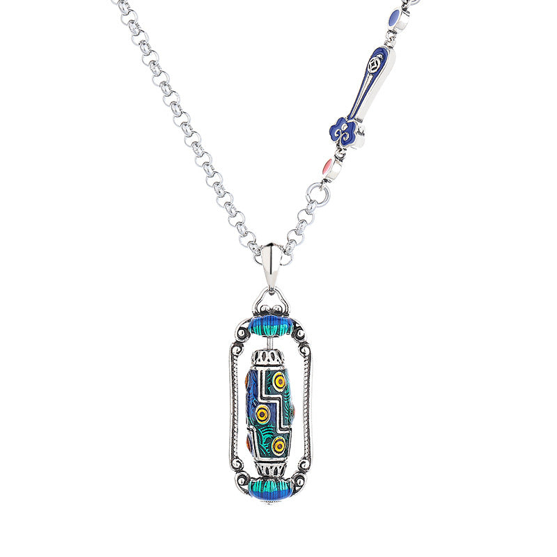 zensoullab Vintage Ethnic Landscape Thai Blue Enamel Nine-Eyed Dzi Bead Lotus Prayer Wheel Necklace for Women Exquisite Versatile Creative Jewelry