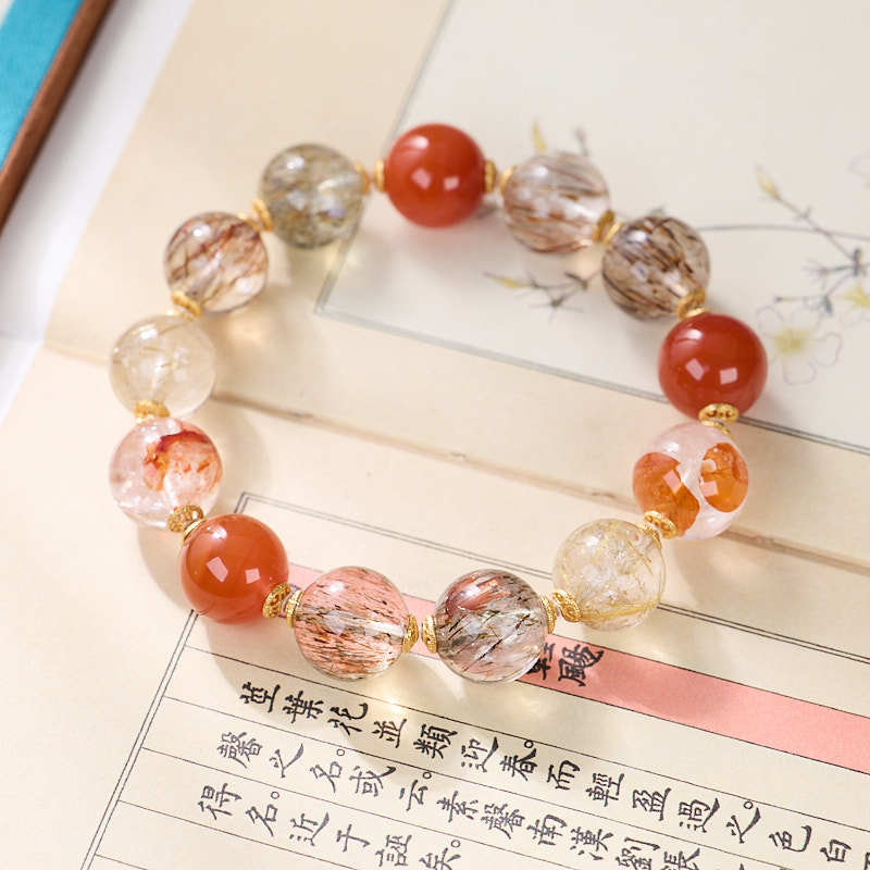 zensoullab Natural Black Gold Super Seven Crystal Bracelet for Women Red Glue Flower Gold Rutilated Quartz Full Flesh Southern Red Multi-Gemstone Bracelet