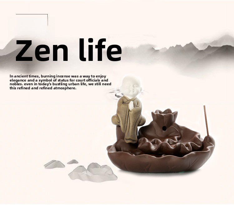 zensoullab Creative Simple Ceramic Little Monk Backflow Incense Burner Purple Clay Zen Incense Burner Incense Holder Home Tea Ceremony Home Decor