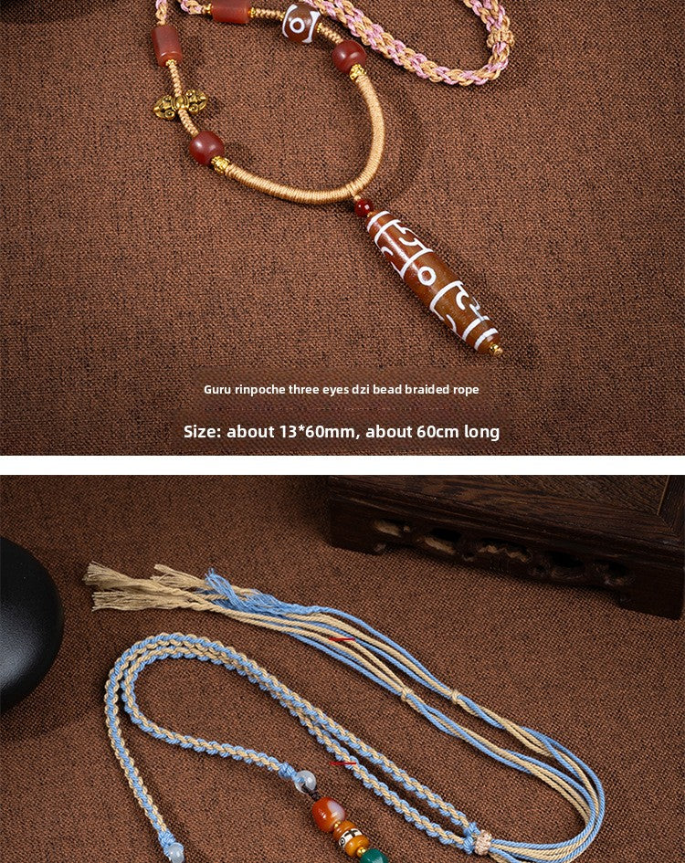 zensoullab Natural Tibetan Style Yellow Nine-Eyed Dzi Bead Necklace Multi-Totem Agate Pendant Couple Style Woven Necklace In Stock