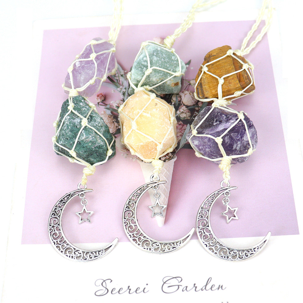 zensoullab Handmade Woven Raw Stone Crystal Pendant Star Moon Net Bag Car Hanging Amethyst Ornament