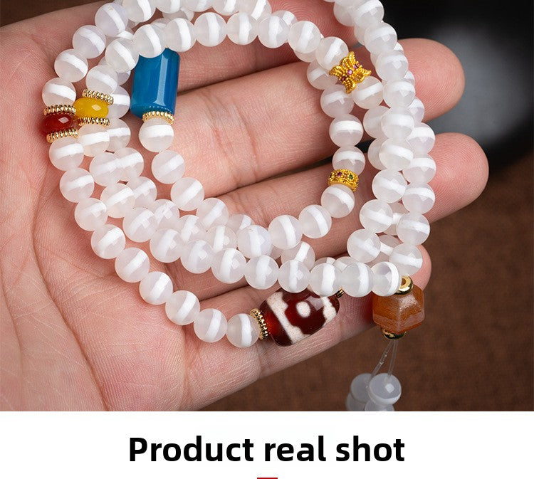 zensoullab Natural Medicine One-Eye Dzi Bead Necklace White Agate Multi-Circle Pendant Unisex Braided Necklace In Stock