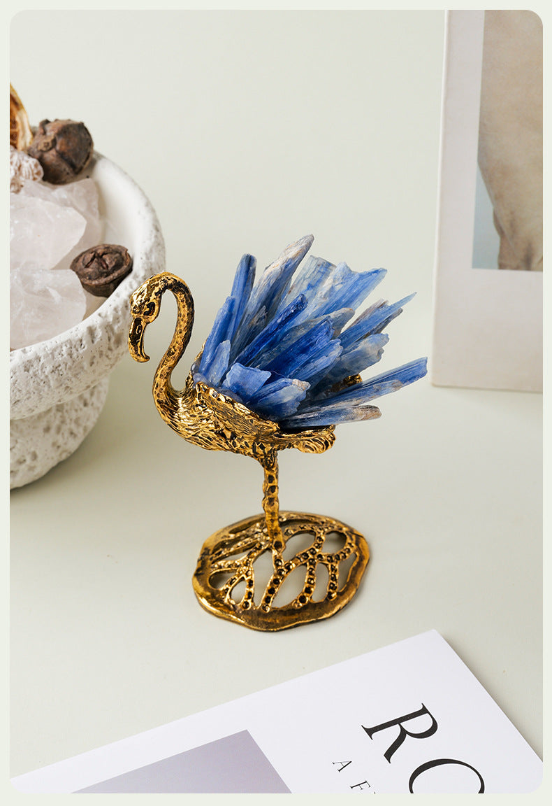 zensoullab Natural Kyanite Flamingo Ornament Kyanite Cluster Alloy Small Animal Crystal Craft Home Decoration