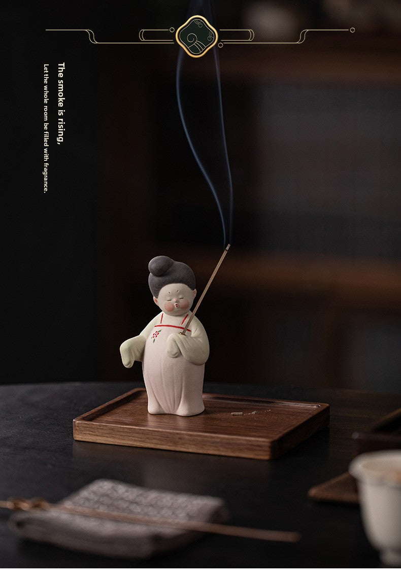 zensoullab Ancient Style Tang Dynasty Female Figure Ceramic Incense Burner Zen Incense Holder Incense Stand Chinese Tea Table Incense Ceremony Incense Burner Incense Burner Ornament