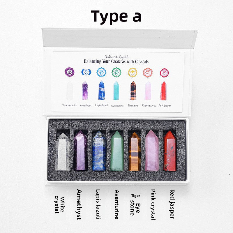 zensoullab Natural Crystal Agate Jade Hexagonal Single Pointed Column Set Box Seven Colors Demagnetization Yoga Ore Gemstone Set