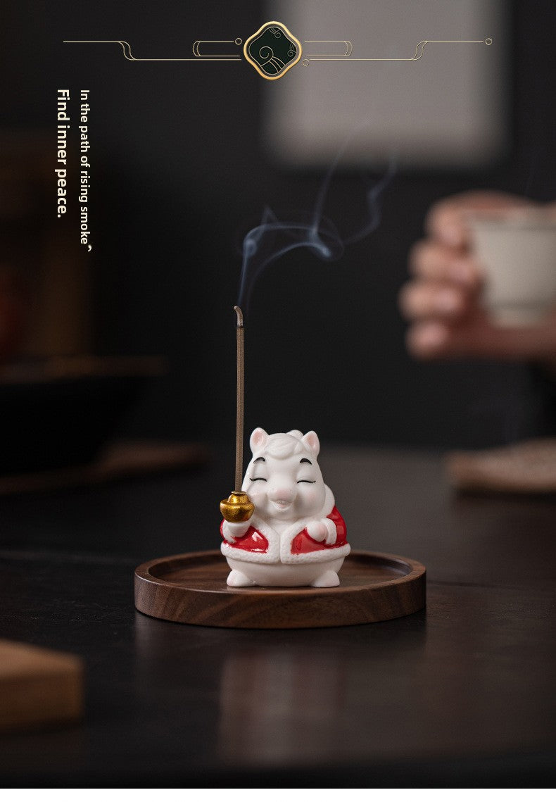 zensoullab Creative Ceramic Little Fortune Horse Incense Burner Cute Incense Holder Incense Stand Incense Tray Year of the Horse Mascot Aromatherapy Burner Incense Ceremony Ornament