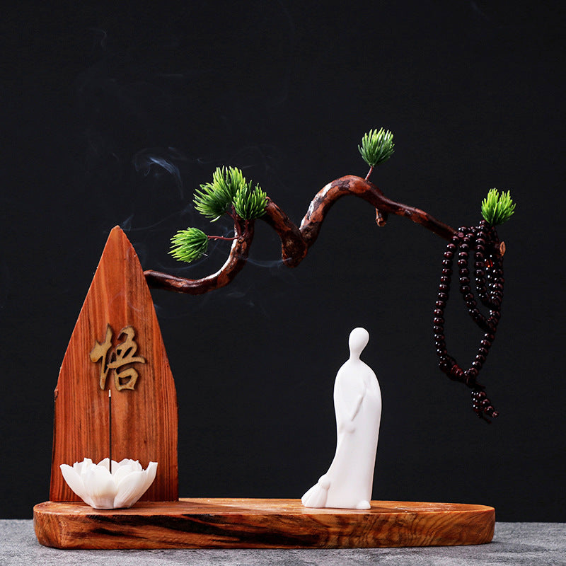 zensoullab Chinese Zen Style Formless Buddha Welcoming Guest Pine Root Carving Set Living Room Wine Cabinet Entrance Ceramic Li Bai Tea Table Home Decor