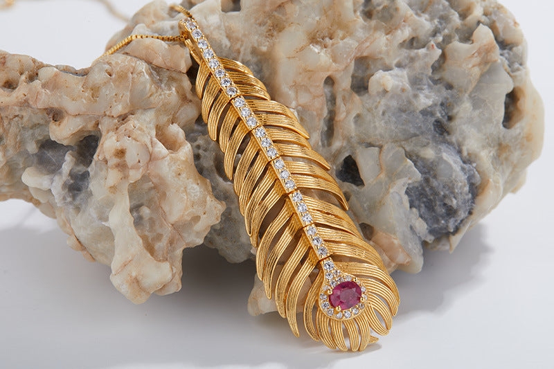 zensoullab Pendant S925 Sterling Silver Light Luxury Natural Ruby Feather-shaped Necklace for Women Niche Gold Clavicle Chain