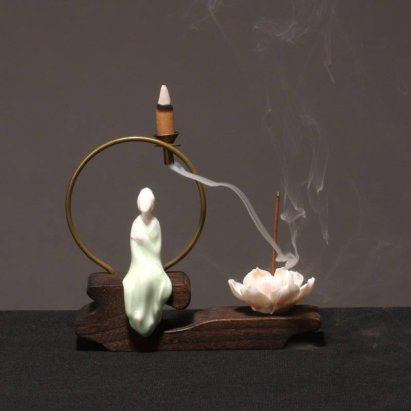 zensoullab Creative Chinese Ceramic Ornament Phaseless Buddha Statue Home Backflow Incense Burner Sandalwood Aromatherapy Burner Incense Holder Incense Device Wooden Incense Stand