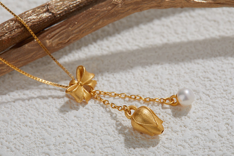 zensoullab Hot Selling S925 Sterling Silver Ancient Gold Inlaid Pearl Necklace for Women National Trend Simple Elegant Pendant