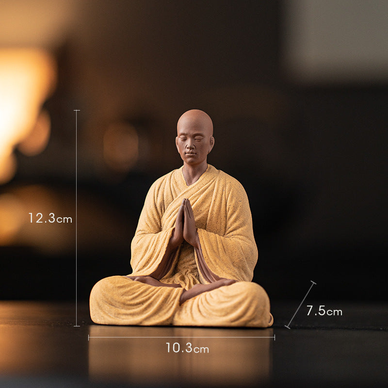 zensoullab Dust-Free Zen Little Monk Purple Clay Figurine Ceramic Figure Ancient Style Tea Room Display Stand Desktop Decoration