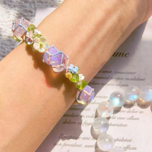 zensoullab Endless Summer Handwoven Protein Raw Stone Bracelet Net Pocket Hand Rope Pink Crystal Bracelet Lily of the Valley Jade