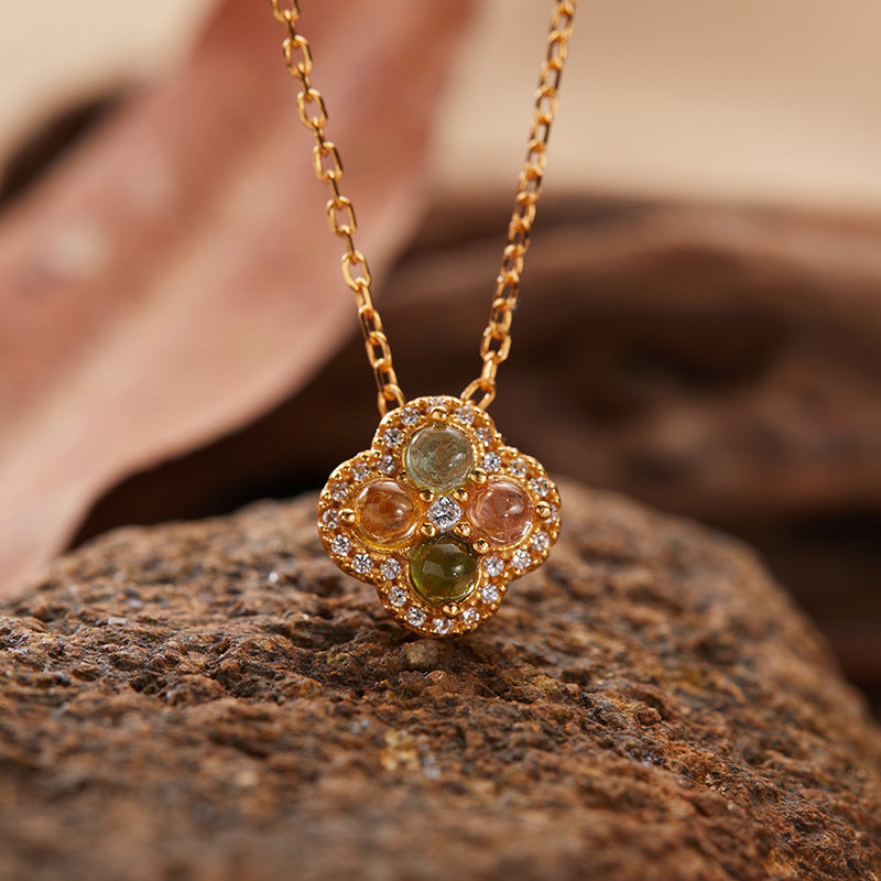 zensoullab S925 Sterling Silver 18K Gold Pendant Necklace Clavicle Chain Natural Tourmaline Four-Leaf Clover Vintage Elegant Temperament Women
