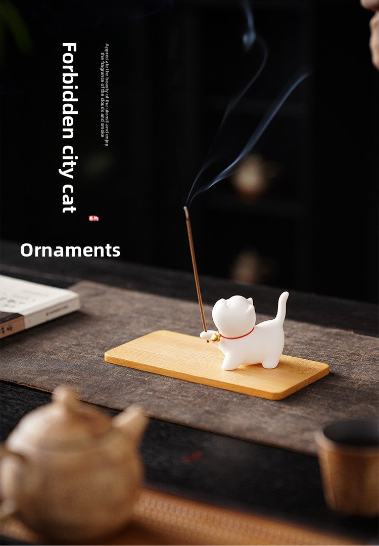 zensoullab Cute Forbidden City Kitten Ceramic Incense Holder Aromatherapy Burner Ornament Soft Healing Tea Table Tea Pet Indoor Incense Burner