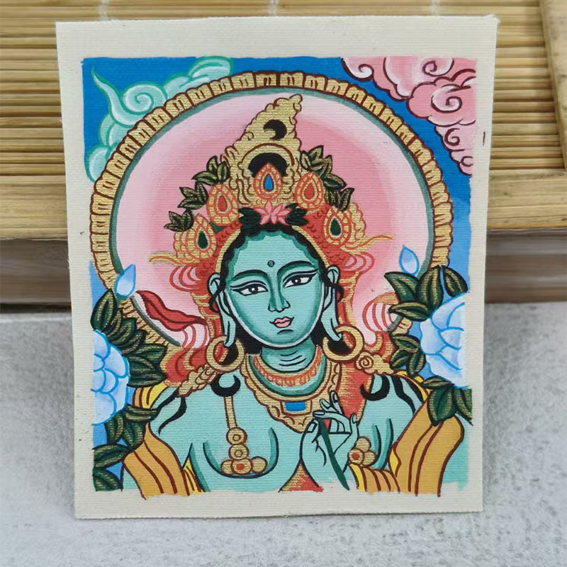 zensoullab Thangka Hand-painted Small Thangka Samantabhadra Green Tara Yellow Wealth God Manjushri Four-armed Guanyin Tibetan Small Thangka Pendant