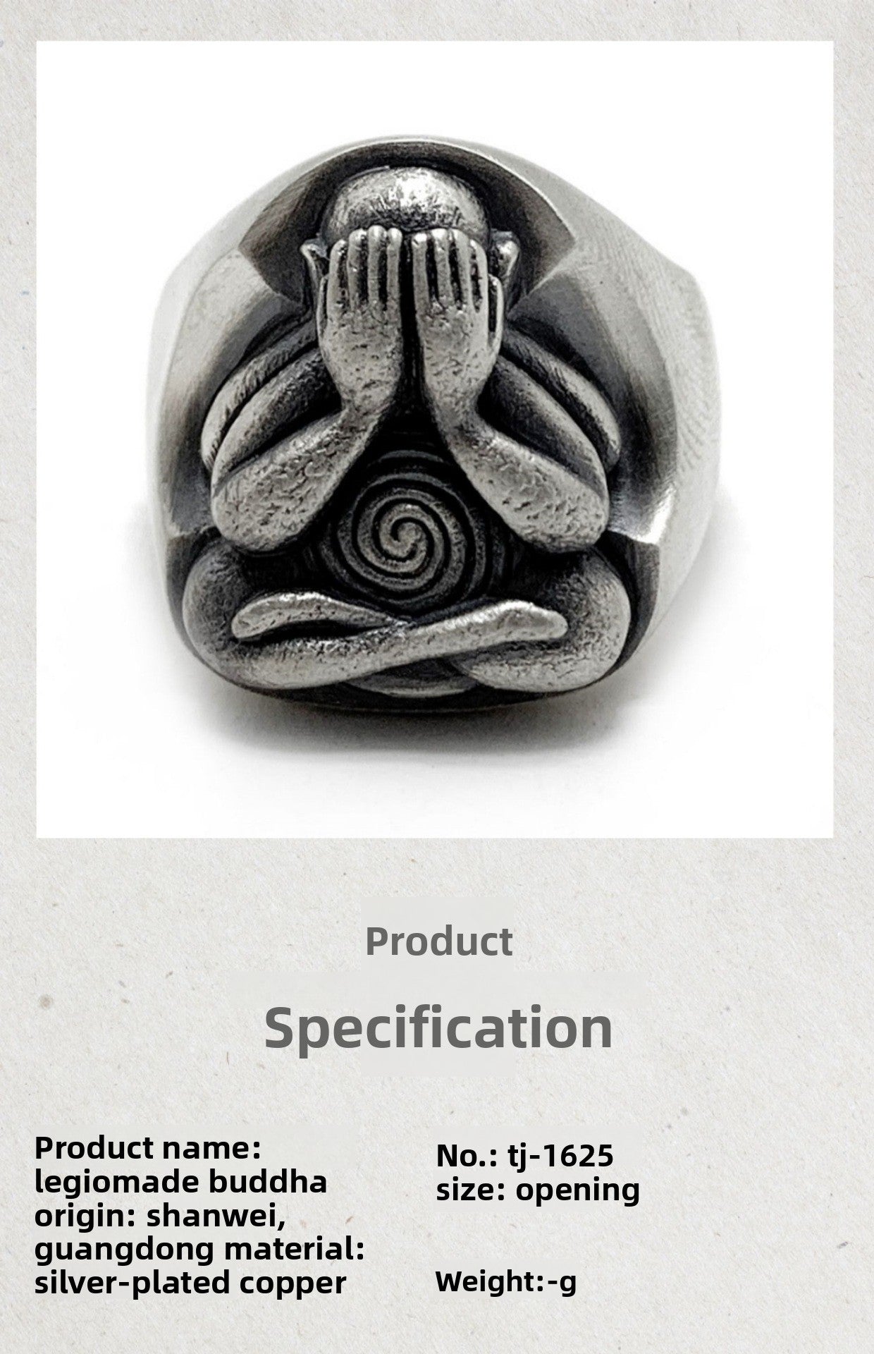 Zensoullab Retro Bida Buddha Thai Silver Thick Ring Oriental Style Pothole Men's Fashion Open-End Personality Ring