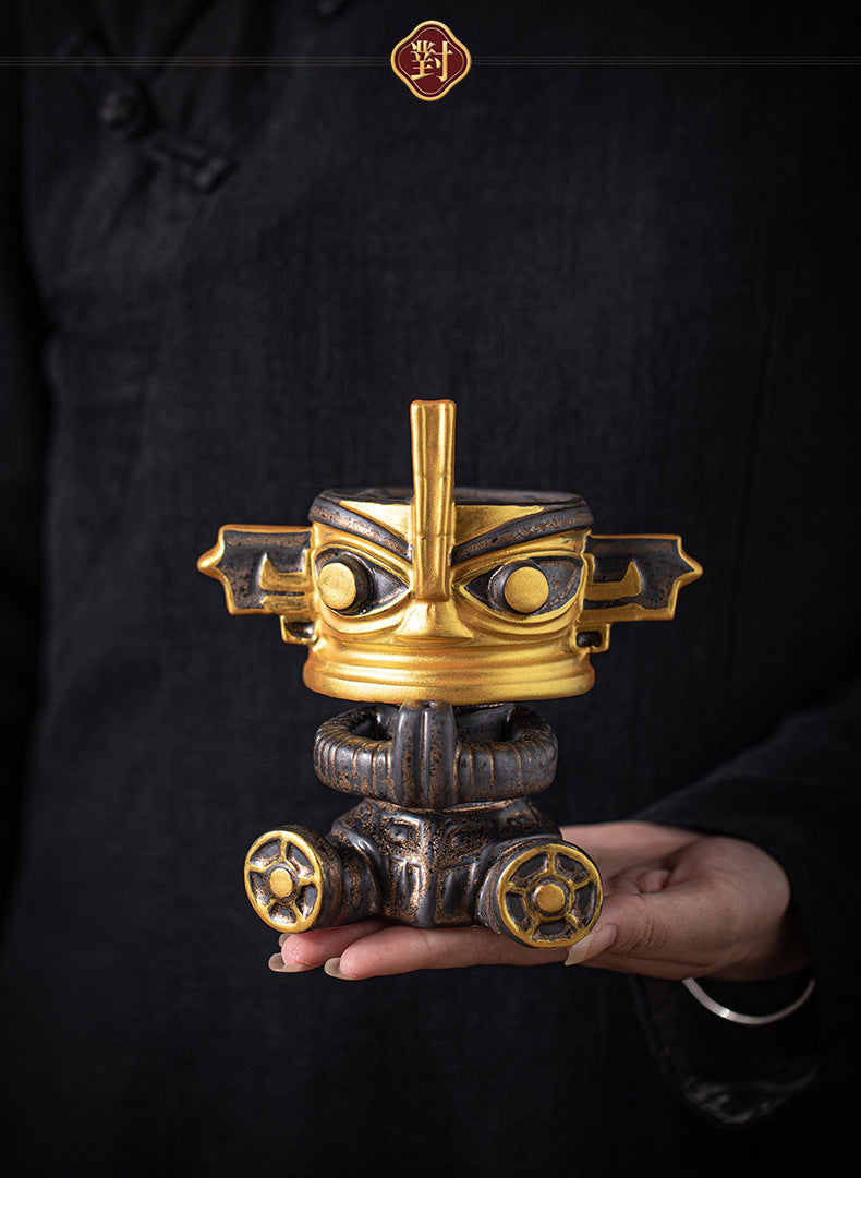zensoullab National Trend Cultural Creative Ceramic Sanxingdui Zongmu Standing Figure Gold-Faced Ornament Home Living Room Tea Room Desktop Decoration