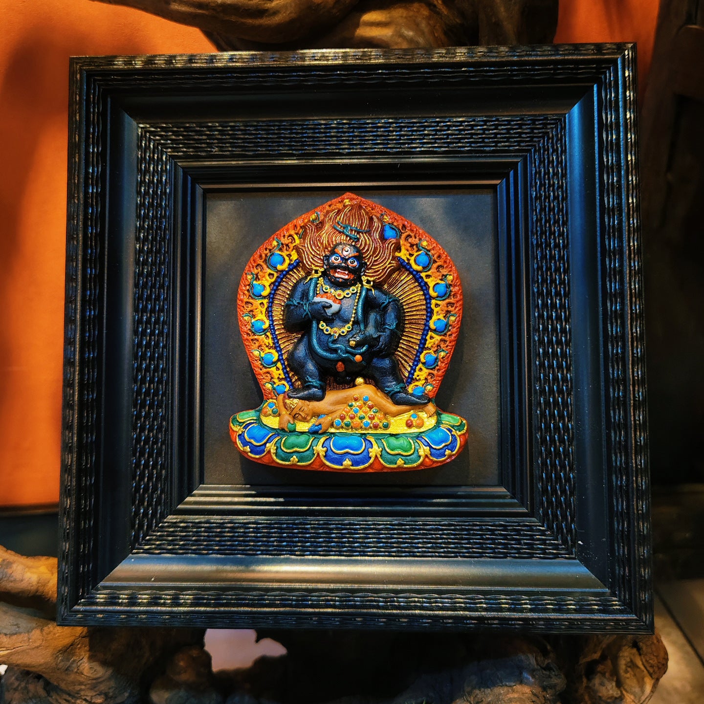 zensoullab Rubbing Table Hand-painted Thangka 3D Painted Table Decoration Great Wrath Yellow God of Wealth Mahakala Buddha Decoration Ornament