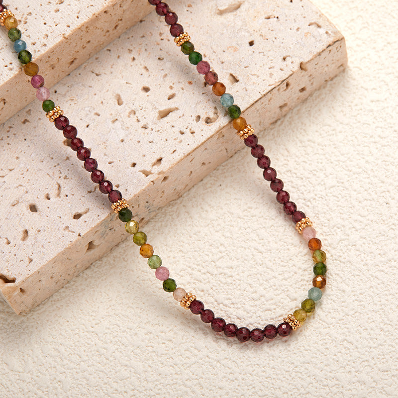 zensoullab S925 Sterling Silver Natural Tourmaline Garnet Gemstone Necklace for Women French Niche Style Handmade Beaded Collarbone Chain