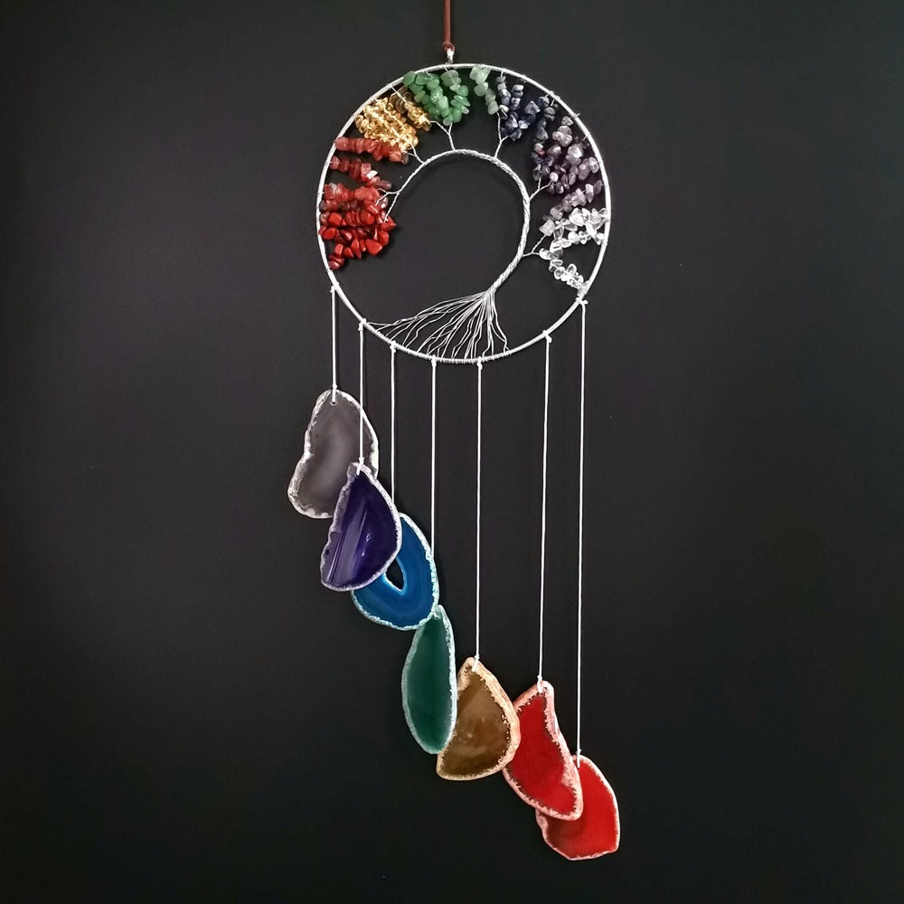 zensoullab Handmade Wrapped Natural Crushed Stone Tree of Life Agate Slice Hanging Ornament Garden Decoration Curtain Pendant