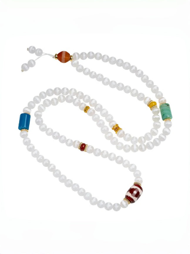 zensoullab Natural Medicine One-Eye Dzi Bead Necklace White Agate Multi-Circle Pendant Unisex Braided Necklace In Stock