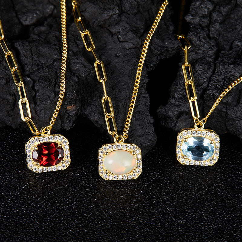 zensoullab Vintage Fresh Colorful Gemstone S925 Sterling Silver Inlaid Natural Opal Jewelry Necklace for Women Non-Fading Versatile Collarbone Chain