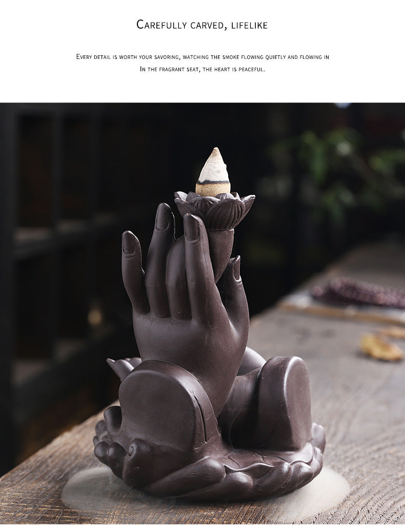 Purple Clay Backflow Incense Burner Indoor Home Incense Burner Creative Large Buddha Hand Backflow Aromatherapy Burner Gift Ornament