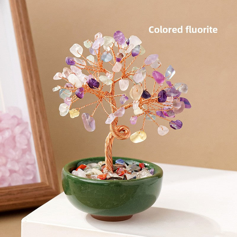 zensoullab Natural Yellow Crystal Wealth Tree Tea Cup Base Treasure Bowl Crystal Tree Crystal Money Tree Desktop Wealth-Attracting Ornament