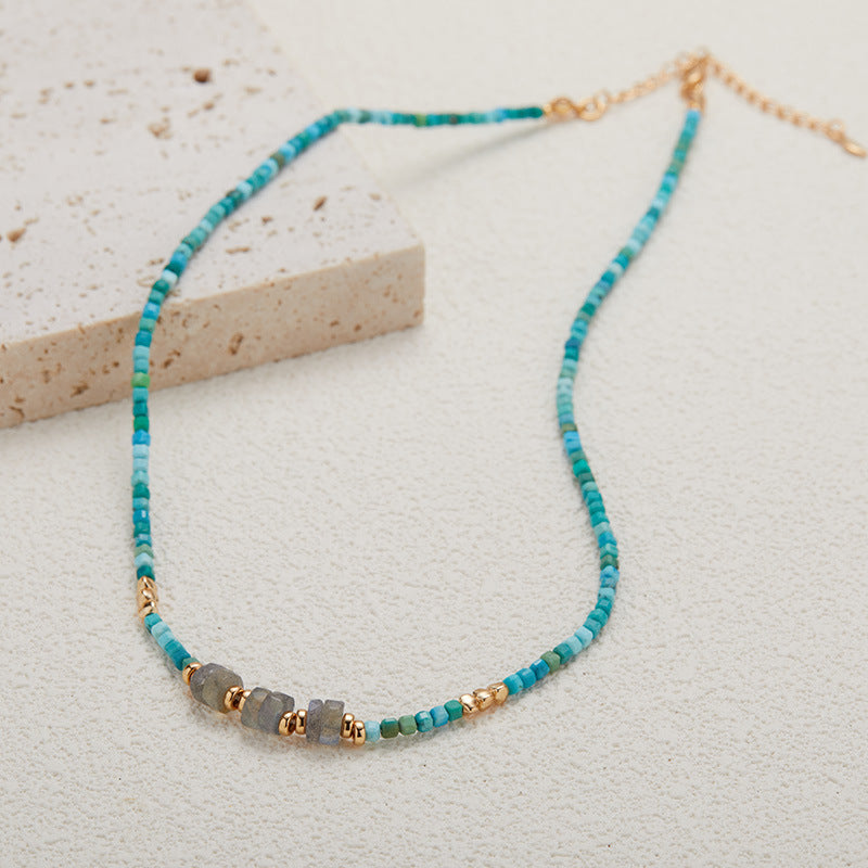 zensoullab Niche Design S925 Sterling Silver Natural Turquoise Labradorite Gemstone Beaded Necklace for Women Versatile Collarbone Chain