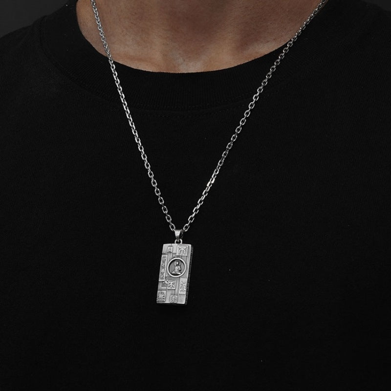 Zensoullab Thai Silver Amulet Necklace Men's Damo Buddha Symbol Pendant Protective Talisman Hanging Ornament Square Plate Pendant for Boyfriend