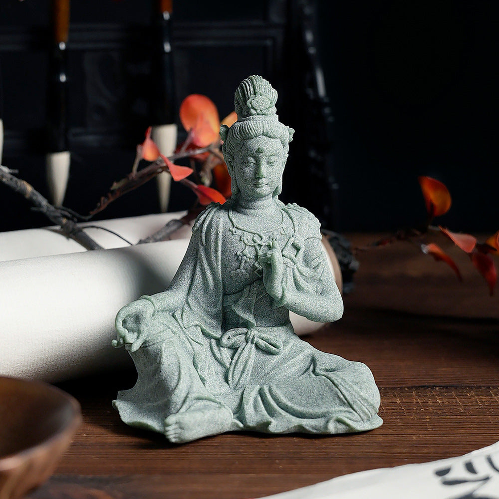 zensoullab Desktop Chinese Style Water Moon Guanyin Bodhisattva Buddha Statue Micro Landscape Fish Tank Decoration Fake Mountain Ornament Tea Pet Incense Decoration