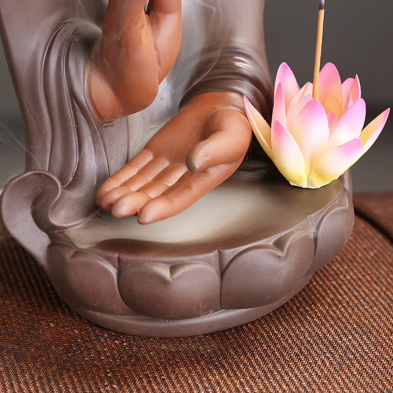 zensoullab Purple Clay Buddha Hand Lotus Backflow Incense Burner Creative Handmade Lotus Incense Holder Incense Stand Backflow Incense Burner Ornament