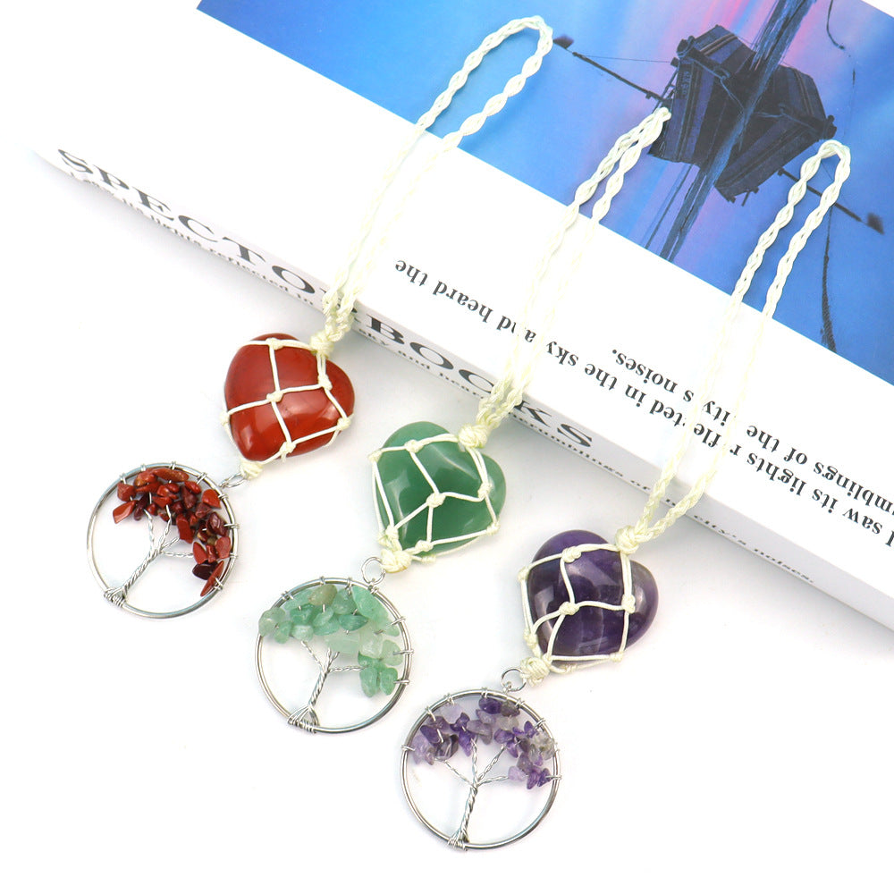 zensoullab Natural Crystal Heart-shaped Woven Net Bag Tree of Life Pendant Car Hanging Bag Accessories