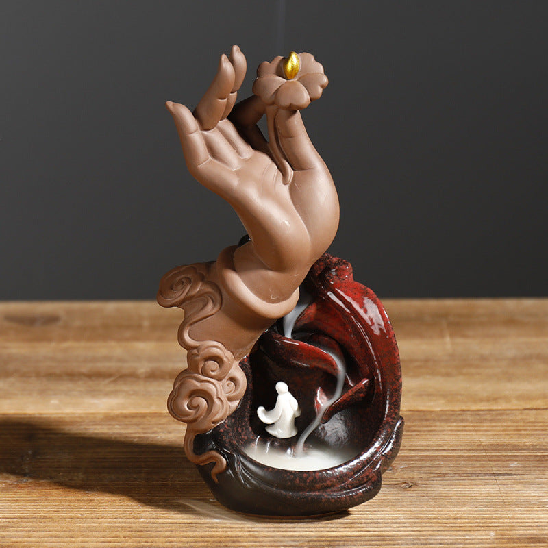 zensoullab Exclusive New Purple Clay Backflow Incense Burner Zen Lotus Buddha Hand Zen Heart Backflow Incense Burner Home Decor