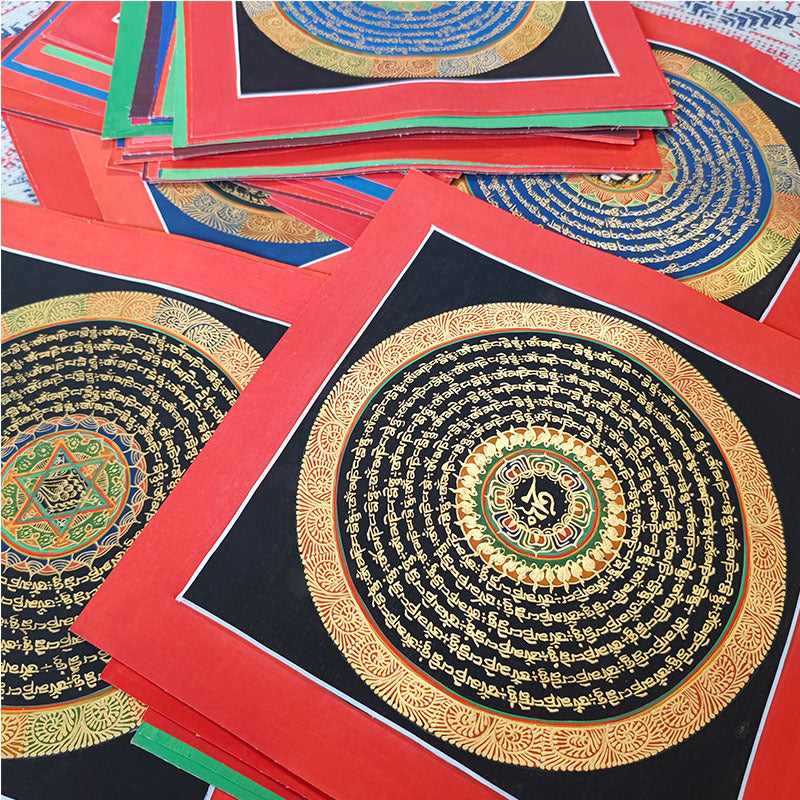 zensoullab Nepal Hand-painted Mandala Thangka Tibetan Six-Word Mantra Entrance Thangka Mandala Hanging Painting Decorative Painting Heart Wall Painting