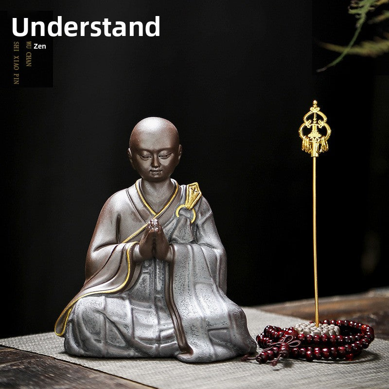 zensoullab Zen Style Premium Purple Clay Little Monk Creative Handmade Ceramic Little Sha Mi Figure Chinese Style Living Room Entrance Decoration Ornament