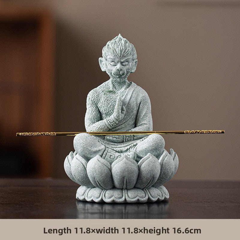 zensoullab Zen Style Chinese Green Sandstone Zen Sitting Monkey King Desktop Ornament Creative Living Room Fish Tank Landscaping Decoration