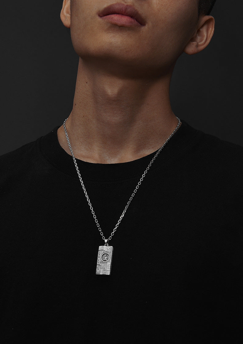 Zensoullab Thai Silver Amulet Necklace Men's Damo Buddha Symbol Pendant Protective Talisman Hanging Ornament Square Plate Pendant for Boyfriend