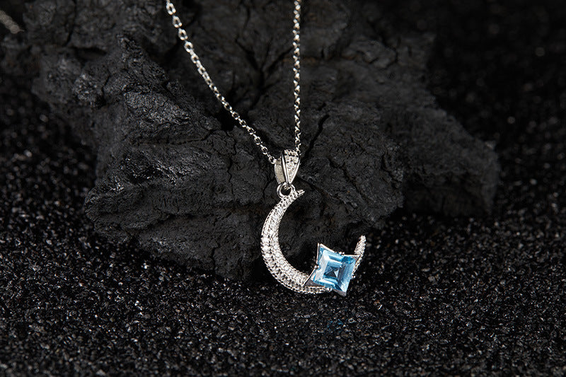 zensoullab Moon Niche Design S925 Sterling Silver Inlaid Natural Topaz Gemstone Necklace for Women Fashion Jewelry