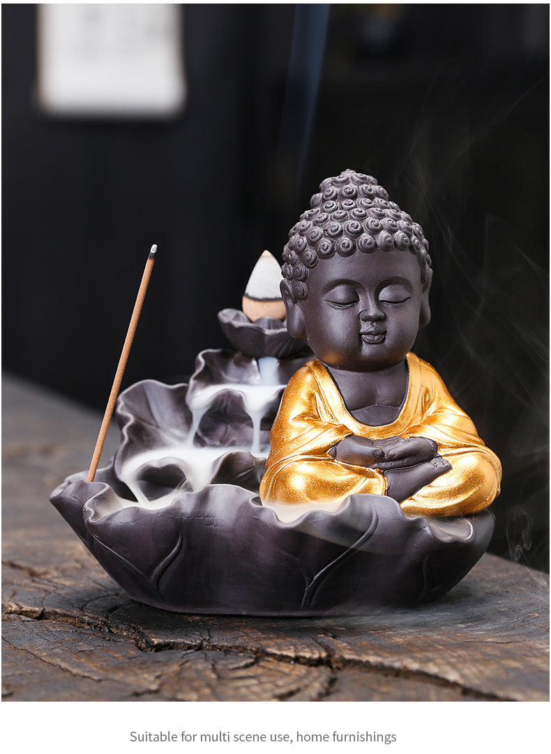 zensoullab Purple Clay Lotus Leaf Backflow Incense Burner Home Decor Creative Lotus Gold-Plated Buddha Incense Backflow Burner