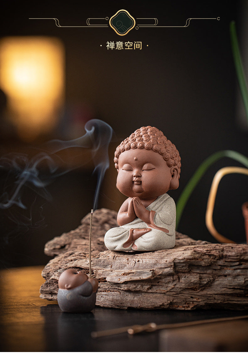 zensoullab Zen Purple Clay Small Buddha Figurine Cute Buddha Statue Chinese Style Home Tea Room Curio Shelf Tea Table Decoration