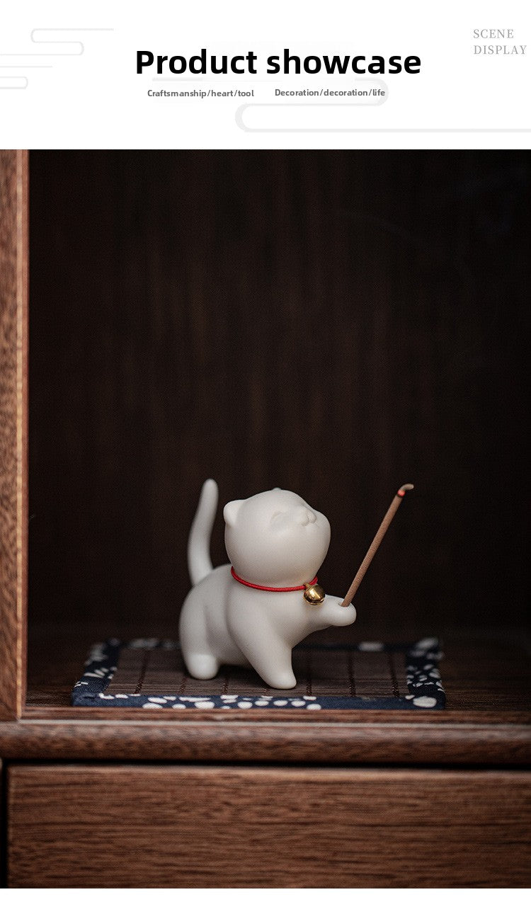 zensoullab Creative Cute Little Cat Ceramic Ornament Soft Healing Tea Pet Pen Holder Home Indoor Sandalwood Incense Holder Incense Tool